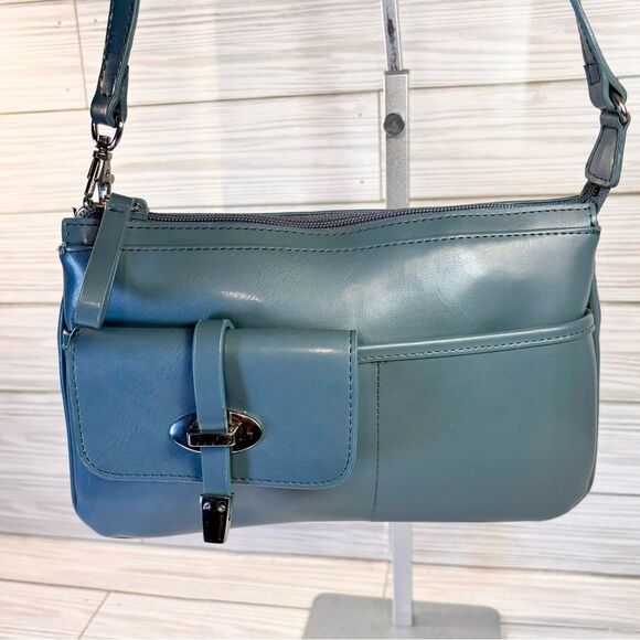 089-Nine WEST Teal Blue Vegan Leather crossbody - Picture 1 of 8